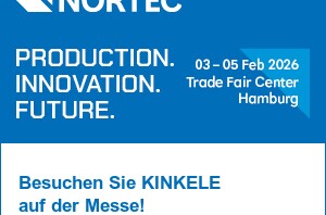 Einladendes Banner für die NORTEC Messe in Hamburg 2026 mit KINKELE als Aussteller, betont Produktion und Innovation.