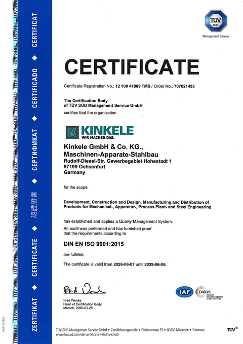 Kinkele GmbH certificate for DIN EN ISO 9001:2015, valid until June 2029.