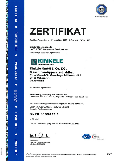 Zertifikat für Kinkele GmbH & Co. KG nach DIN EN ISO 9001:2015, gültig bis 2029.
