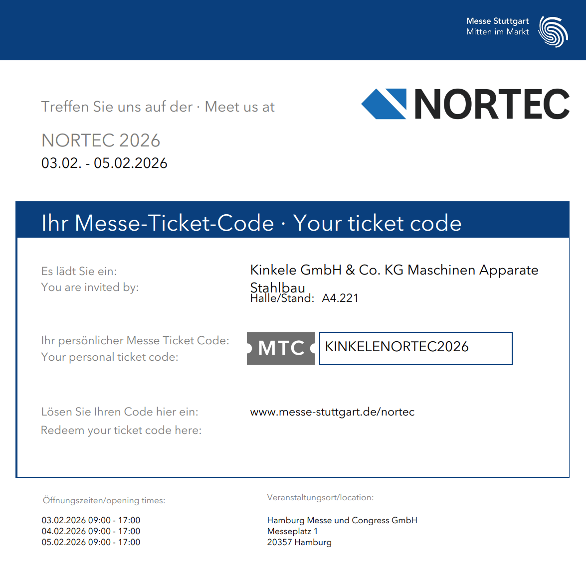 Ein Ticket für die NORTEC 2026 zeigt Veranstaltungsdetails und einen persönlichen Messecode für den Eintritt.